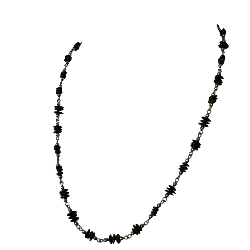 Vintage Silver Tone & Wood Bead Long Necklace Boho Womens Jewelry